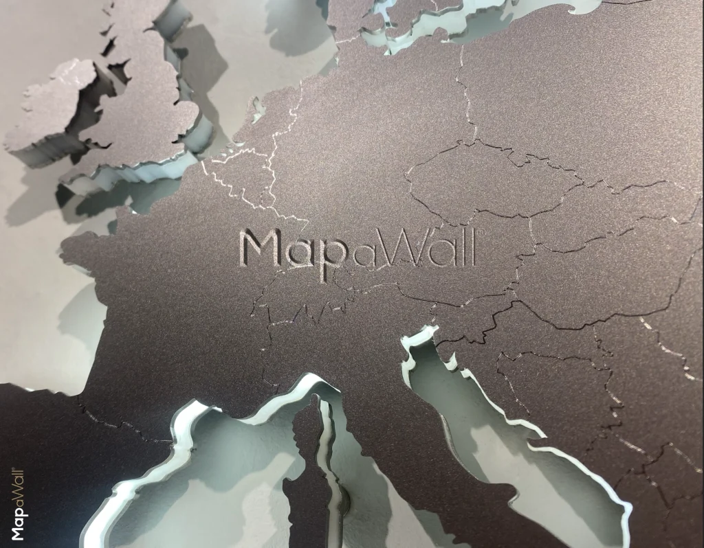 Close-up photo of the LED illuminated stainless steel world map