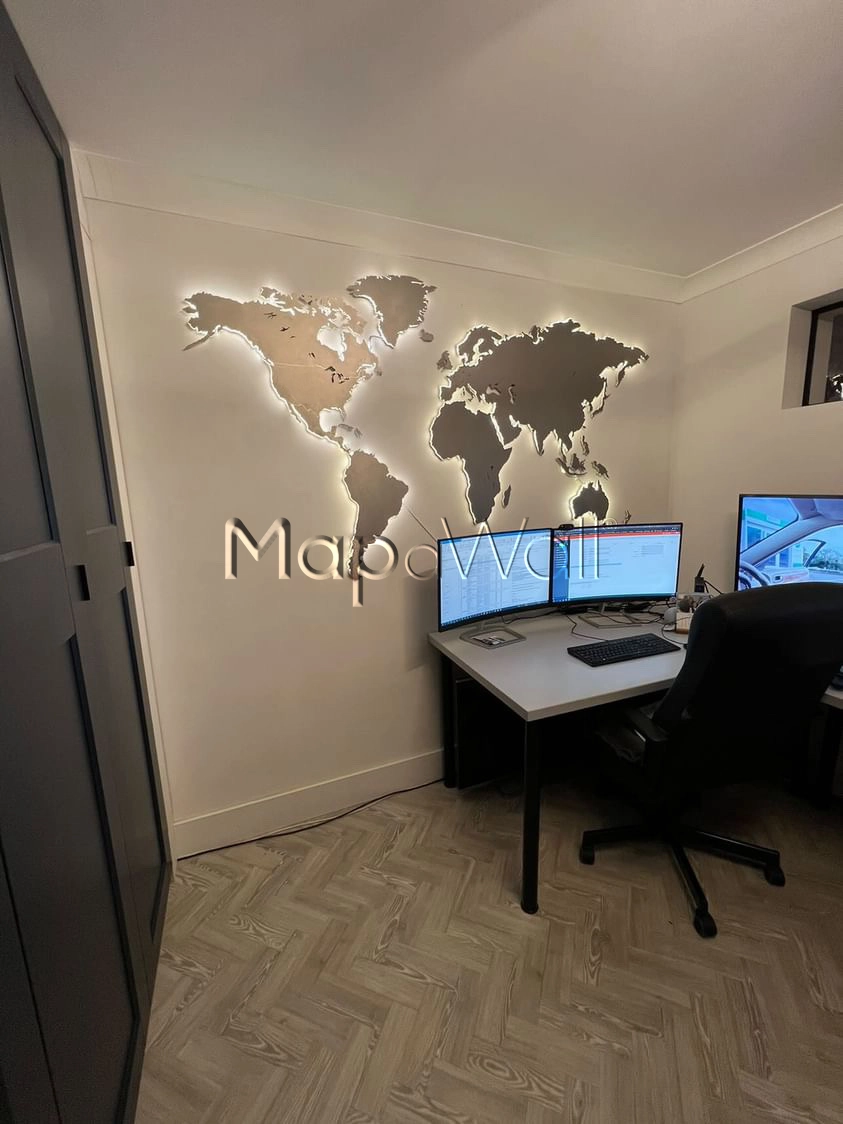 The LED-Illuminated world map installed in a home office